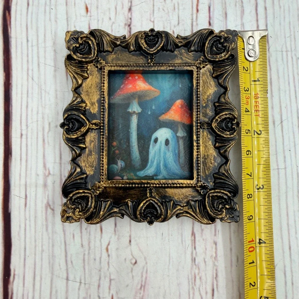 Miniature Ghost Mushroom Art Ornate Gold Black Resin Frame Decoupage Print